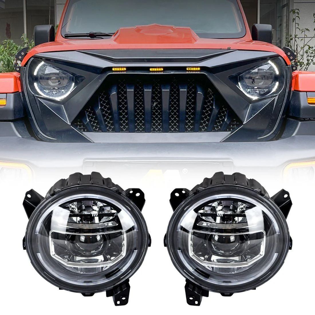 【送料無料】ジープラングラーJL/JT（Jeep Wrangler JL/JT 2018-2023）ヘッドライトカバー ABS製 高耐久 高品質 車外装飾 ブラック/9インチエンジェルアイ 外観ドレスアップ アクセサリー 選択可能 傷防止