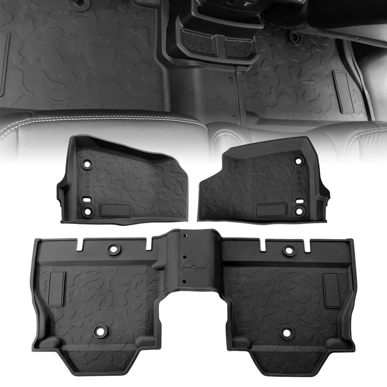 【送料無料】ジープラングラーJL（Jeep Wrangler JL 2018-2023）フロアマット 4ドア用 レザー製 高耐久 高品質 車内装飾 ブラック 外観ドレスアップ アクセサリー 選択可能 オフロード仕様 車体保護