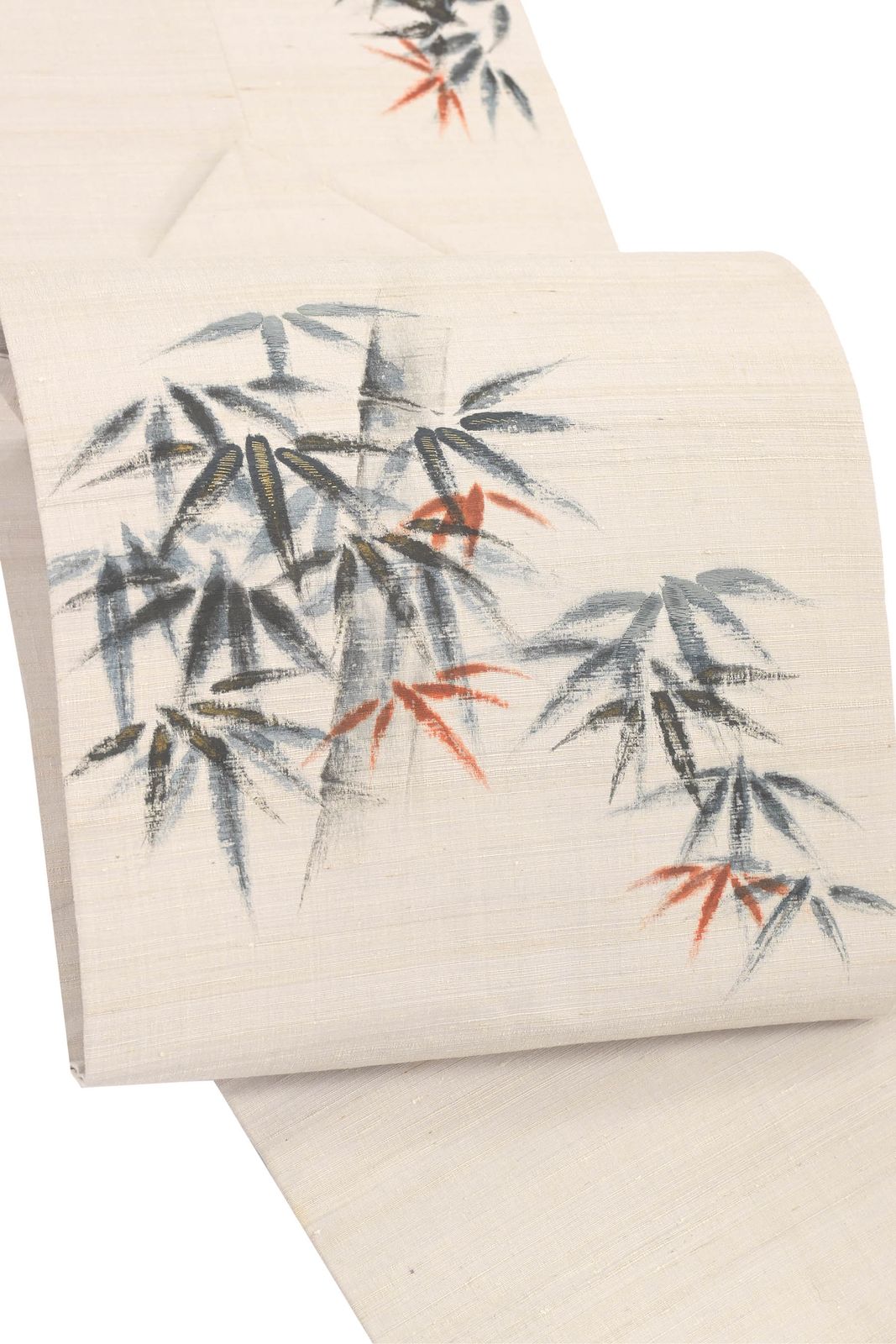 正絹素描友禅紬九寸名古屋帯 手刺繍 ≪御仕立て上がり・中古品≫ 「笹竹」 お手頃カジュアル