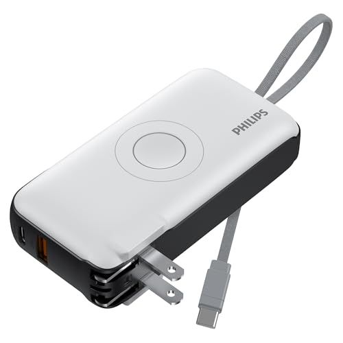Philips(フィリップス) コンセント一体型 10000mAh Apple Watch対応 アップルウォッチ ACプラグ付き 大容量 携帯充電器 PD 20W出力 4台同時充電 折りたたみ式/USB-Cケーブル内蔵/パススルー機能/ディスプレイ搭載/プラグ