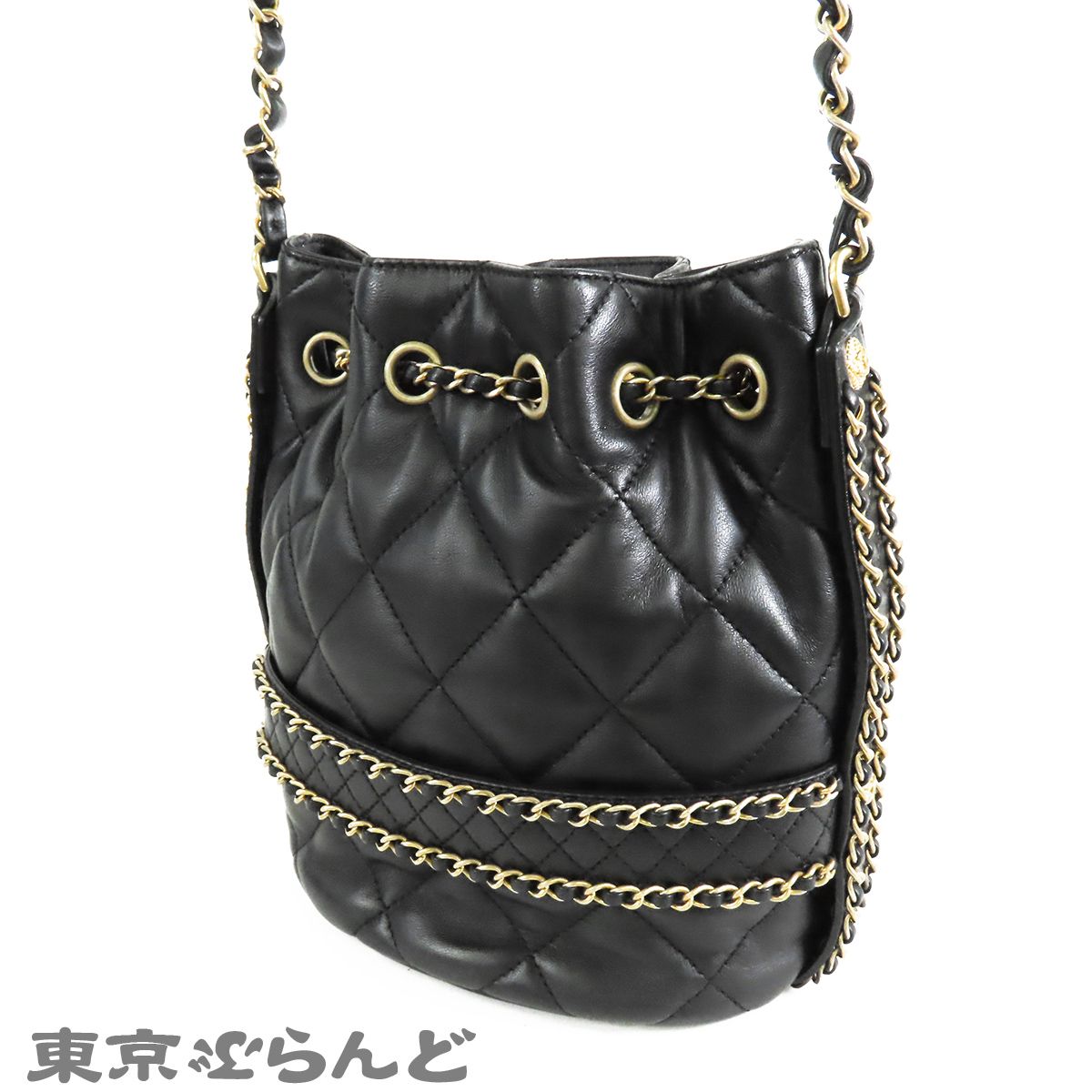 シャネル CHANEL ドローストリングバッグ ブラック 黒 ゴールド金具 
