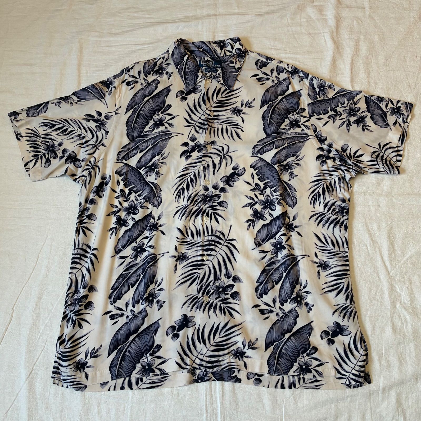 90s Polo by Ralph Lauren CLAYTON 半袖シャツ リーフ柄 ホワイト XL表記