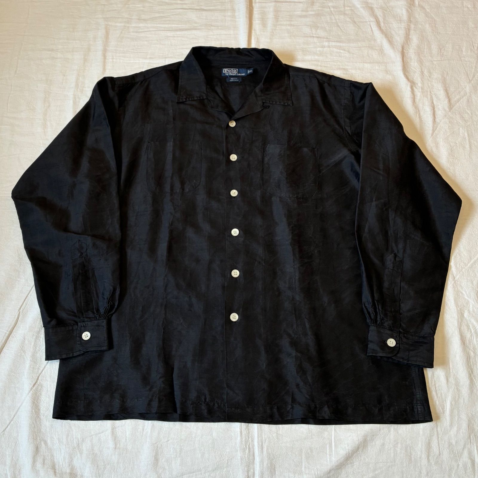 90s Polo by Ralph Lauren PACIFIC 長袖シャツ オープンカラー シルク ブラック XL表記