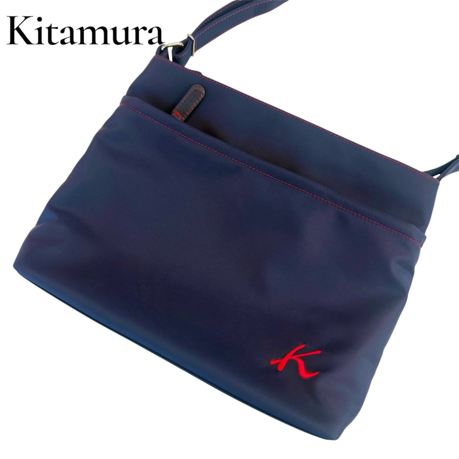 極美品 Kitamura キタムラ ショルダーバッグ ネイビー 赤 ステッチ 