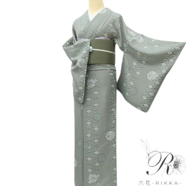 六花-RIKKA- 美品 洗える夏着物 トールサイズ 薄物❀華を持つ縞と華文