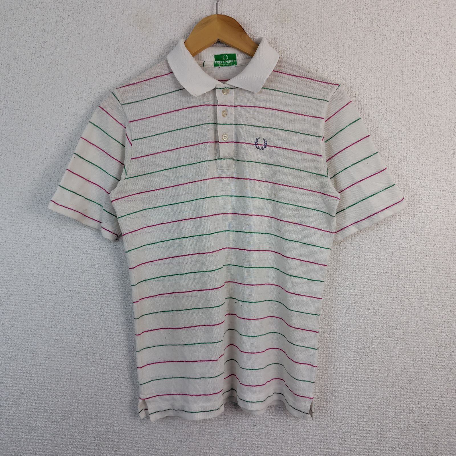 FRED PERRY フレッドペリー 半袖ポロシャツ ボーダー柄 ワンポイントロゴ刺繍 ホワイト L メンズ 古着 レトロ クラシック
