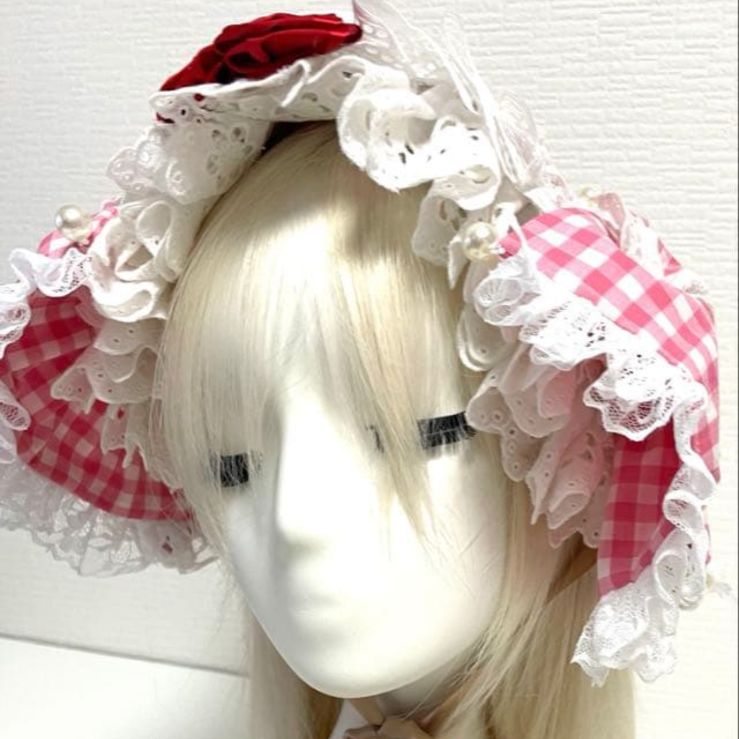 【限定1点】いちごとピンクチェックの豪華ヘッドドレス♡ハンドメイド