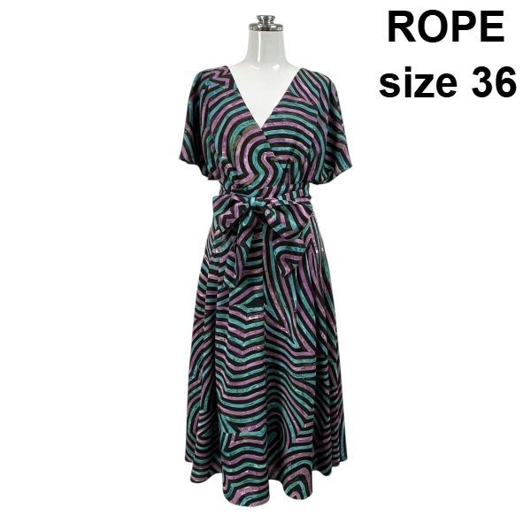 □ ロペ ROPE ラップワンピース 半袖 ロング 総柄 渦巻模様 フラッター スリーブ ダークブラウン 紫 緑 36 S 7号 レディース S6E107