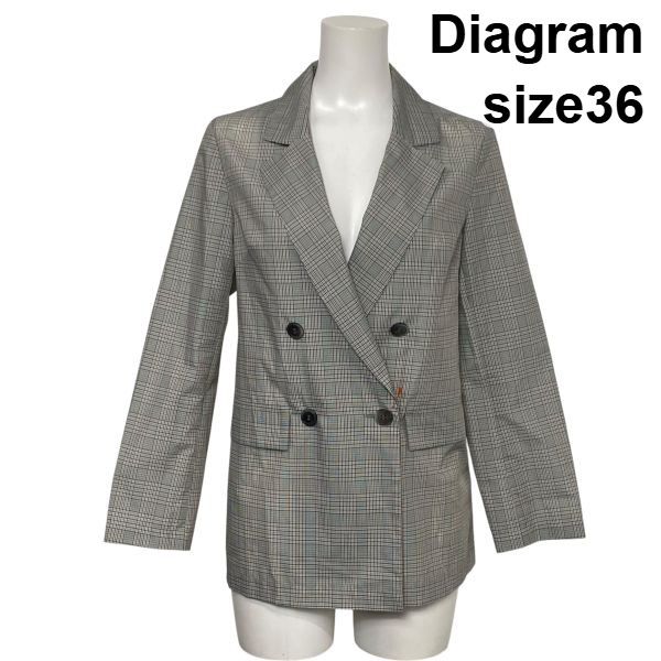 ◇ ダイアグラム Diagram シアージャケット ブルゾン テーラード 長袖 グレンチェック ダブルブレスト グレー 36 S 7号 レディース S6E100