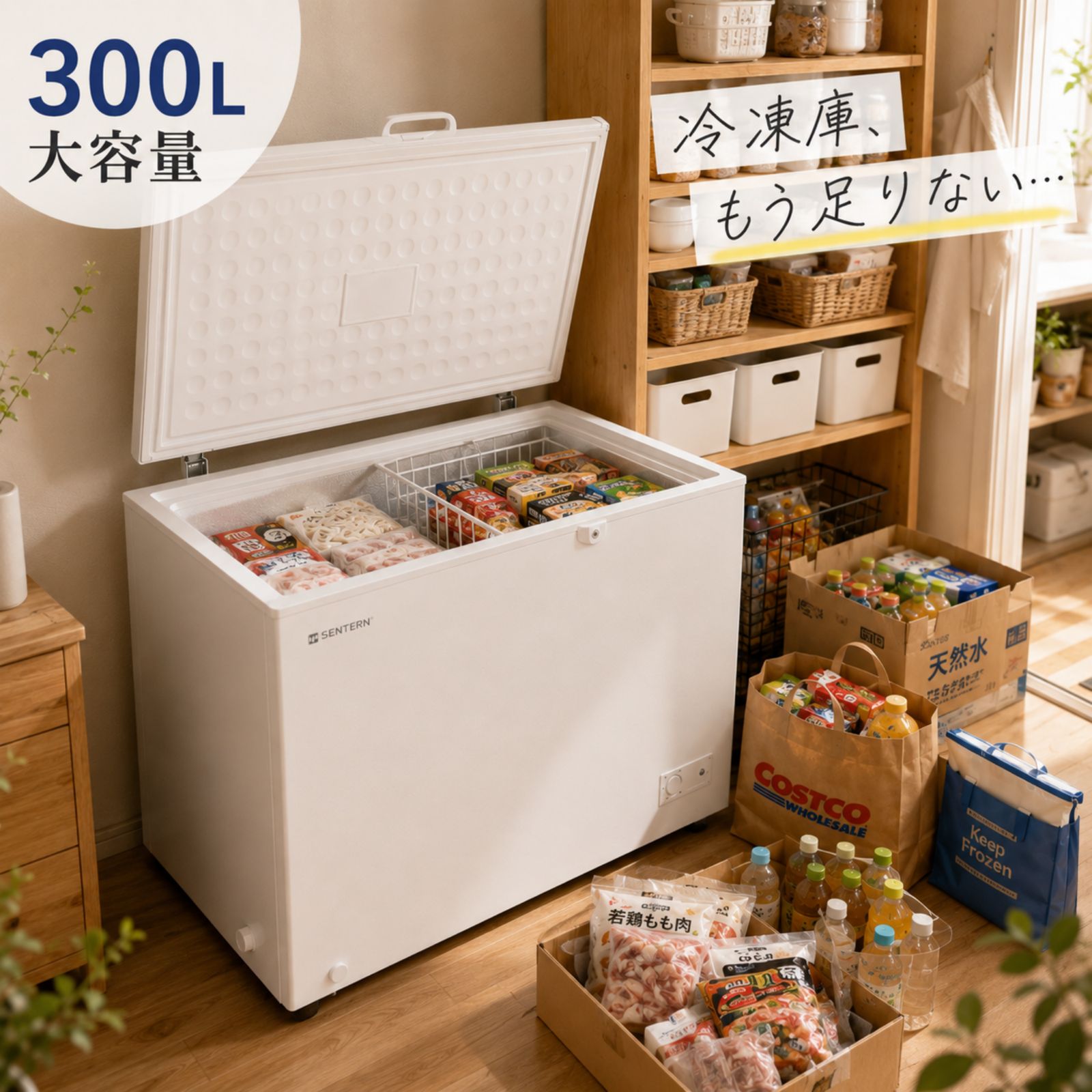 タイムセール中！【300L大容量】冷凍庫 家庭用 業務用 上開き チェストフリーザー 鍵付き ノンフロン 省エネ 静音 温度調整 7段階 バスケット付き 冷凍ストッカー フリーザー 冷凍食品 保存 食品保存 まとめ買い 冷凍庫単体 大容量冷凍庫 ホワイト
