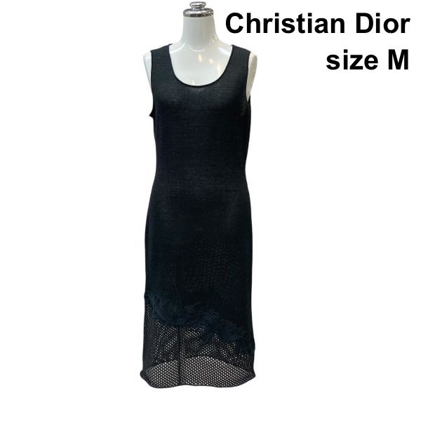 ●□ クリスチャンディオール Dior メッシュニット ワンピース ノースリーブ ミモレ丈 コード刺繍 シアー 黒 綿混 M 9号 レディース Z6C721