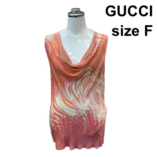 ●□ グッチ GUCCI ノースリーブ ブラウス ドレープネック シャツ トップス 花柄 オレンジ 白 ピンク シルク M～L 9号 レディース Z6C718