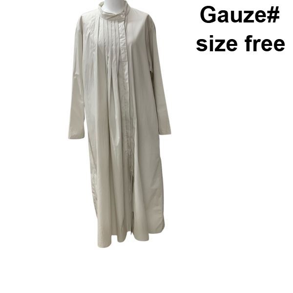 ◇ ガーゼ Gauze# シャツワンピース バンドカラー 長袖 ロング フロントタックプリーツ オフホワイト 綿 free L レディース Z6C104