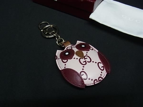 ■新品■未使用■ GUCCI グッチ 821813 GG柄 フクロウ レザー キーホルダー キーリング バッグチャーム ボルドー系 BN9727