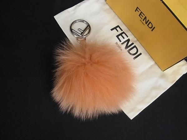 ■美品■ FENDI フェンディ ポンポンチャーム ファー×レザー キーホルダー バッグチャーム オレンジ系×シルバー系 HA6375