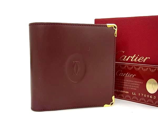 ■新品同様■ Cartier カルティエ マストライン レザー 二つ折り 財布 ウォレット 札入れ 小銭入れ カード入れ ボルドー系 FZ2102
