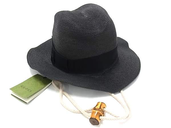 ■新品同様■GUCCI グッチ 747994 ポリプロピレン×ポリエステル ストロー 麦わら帽子 ハット 帽子 サイズ M 57cm ブラック系 HA6826