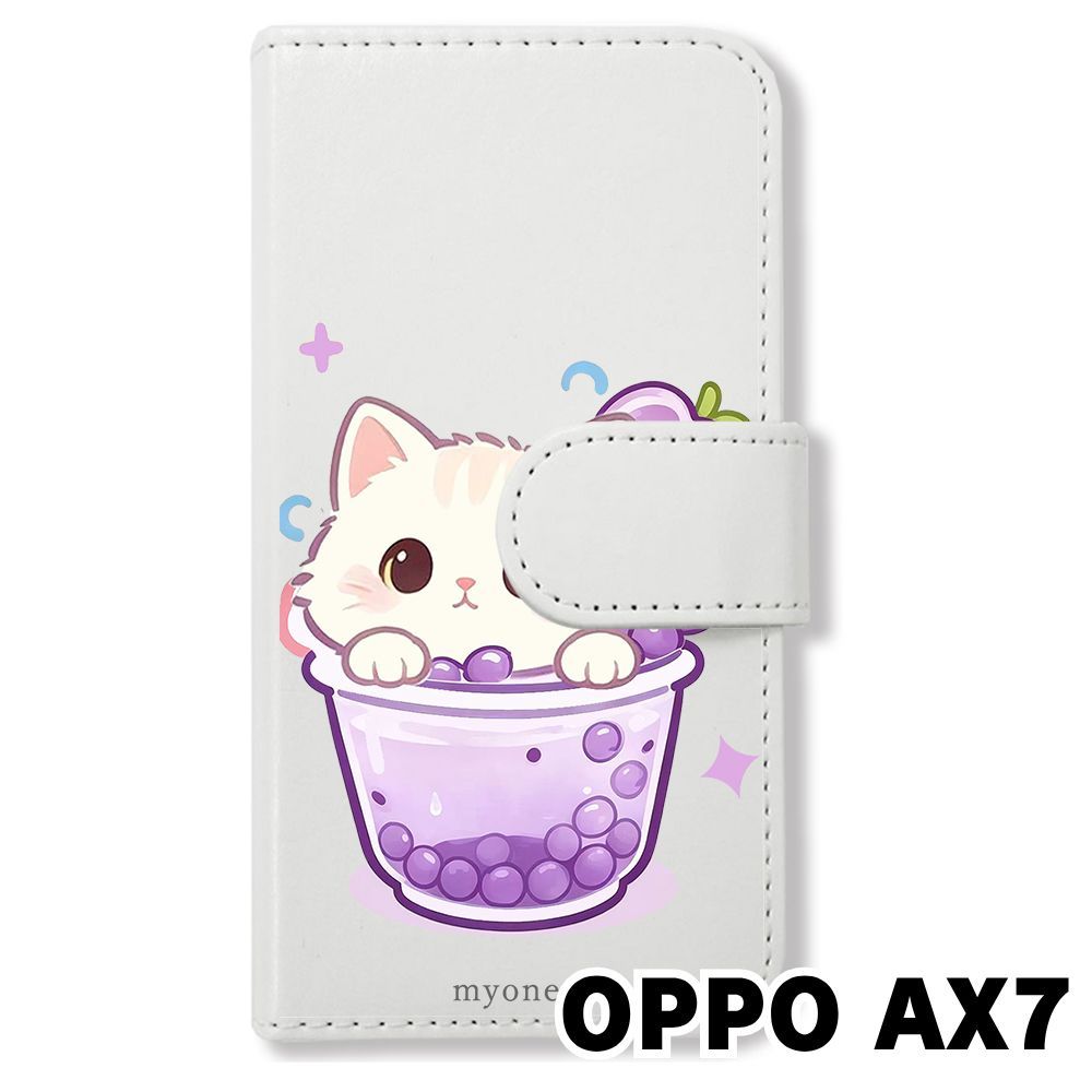 新品未使用】 OPPO AX7 手帳型スマホ ケース カバー (色：ホワイト×猫