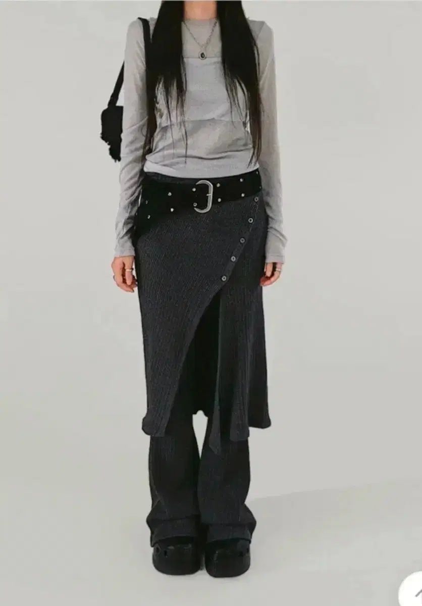シックONE ニット ラップスカート ブーツカットパンツ レイヤードセット