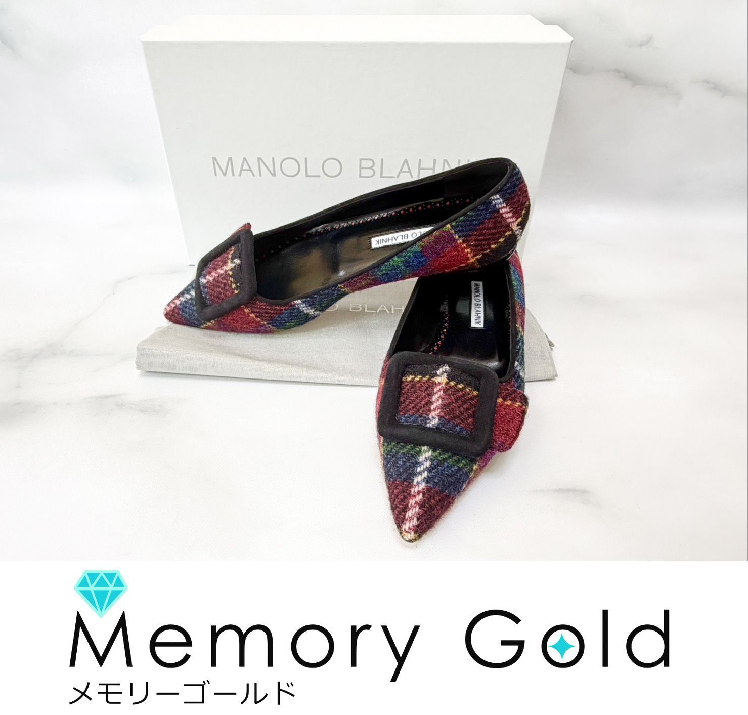 ☆MANOLO BLAHNIK　マノロブラニク　MAYSALE　マイセール　ウール　ツイード　チェック　バックル　ポインテッドトゥ　フラットパンプス　＃37(24ｃｍ)　K32965