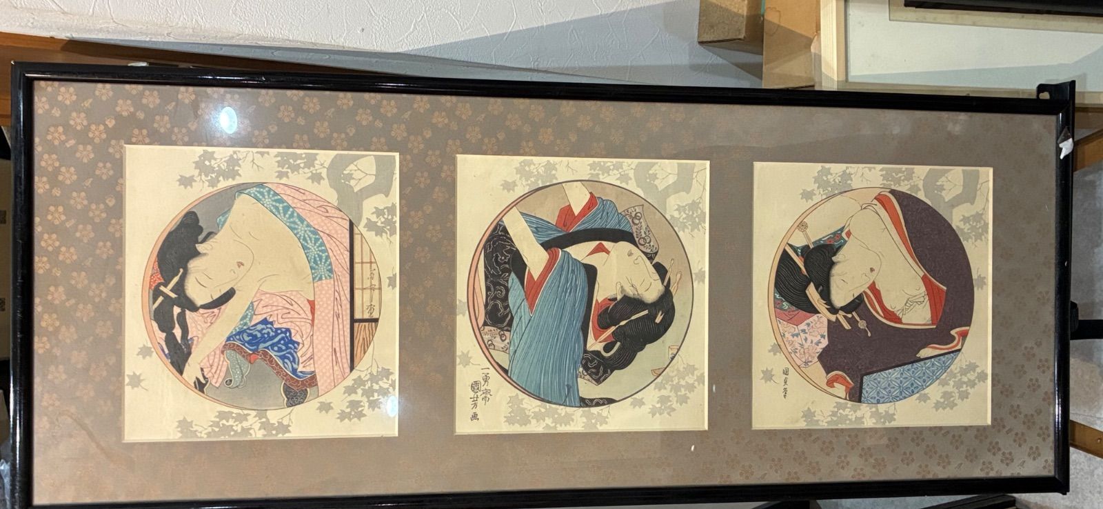 江戸期 オリジナル 木版画 歌川国芳・国貞（三代豊国）美人画 丸窓 三