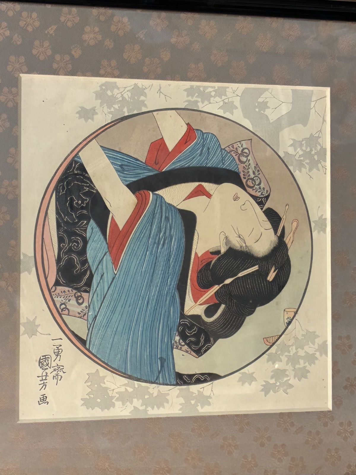 江戸期 オリジナル 木版画 歌川国芳・国貞（三代豊国）美人画 丸窓 三