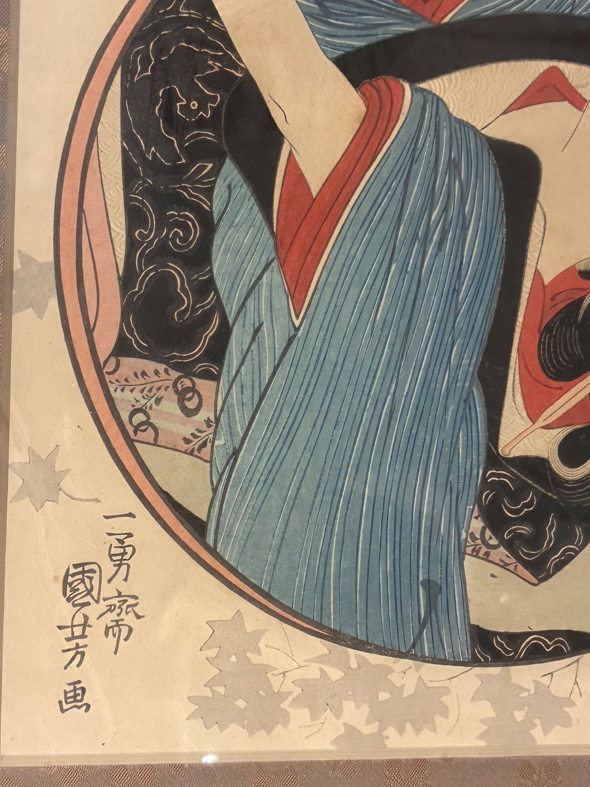 歌川豊国 太平婦女独遊 浮世絵 額装 美人画 木版画 三枚続き 江戸期 オリジナル 木版画 歌川国芳・国貞（三代豊国）美人画 丸窓 三
