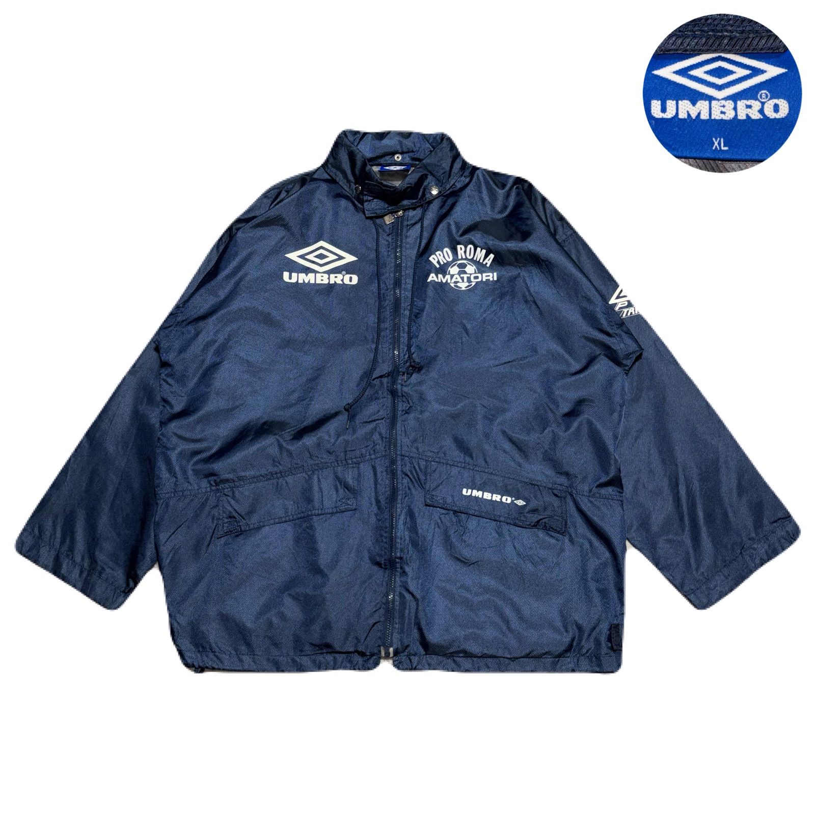 UMBRO アンブロ NylonJacket ナイロンジャケット パーカー フード収納 PrintedLogo プリントロゴ 企業ロゴ 90s Drawstring ドローコード Nylon ナイロン Polyester ポリエステル ネイビー 紺 XL