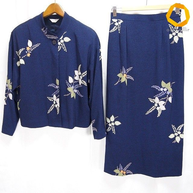 #a サンネンザカ 三年坂 CASUAL セットアップ M 紺 マルチ ジャケット スカート ロング ちりめん 花柄 和柄 日本製 [976337] k01
