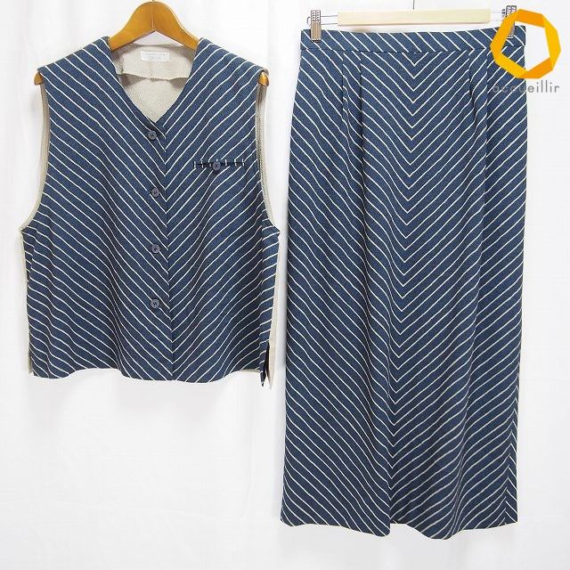 #a サンネンザカ 三年坂 CASUAL セットアップ M 紺系 グレー系 ベスト スカート ロング ストライプ ちりめん 和風 日本製 [976341] k01