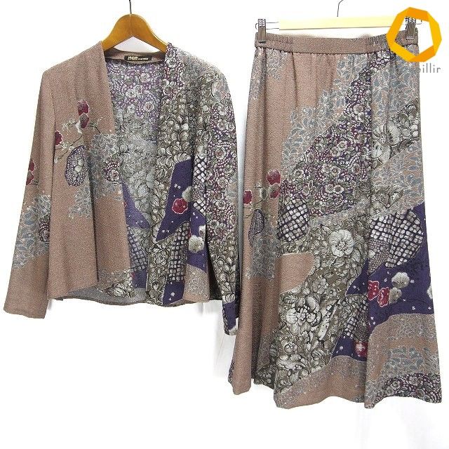 #a シセンドウ 詩仙堂 ヒトシタムラ セットアップ 茶系 マルチ ジャケット スカート ちりめん 和風 花柄 和柄 総柄 日本製 [978499] k01