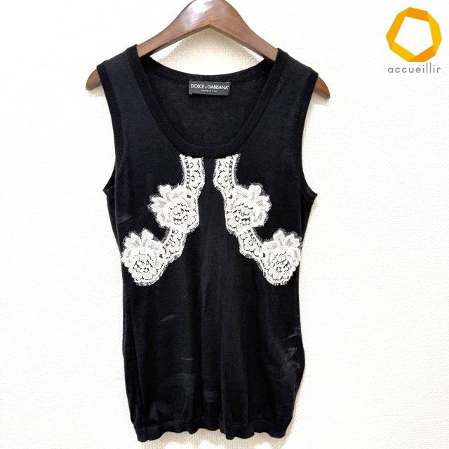 #axc ドルチェ&ガッバーナ DOLCE&GABBANA ニット・セーター 40 黒 白 ノースリーブ レース イタリア製 レディース [1002906]