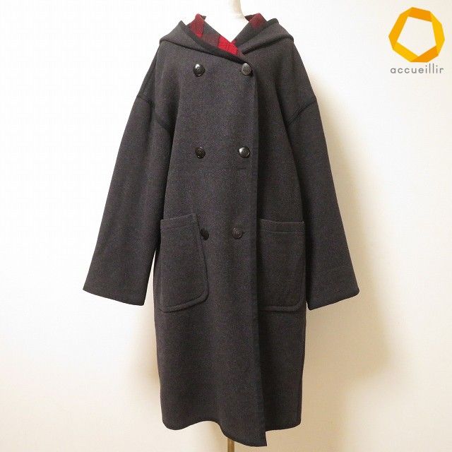#wnc アイグナー AIGNER コート 38 グレー 赤 リバーシブル ダブル チェック フード付き ロング ドイツ製 レディース [956038]