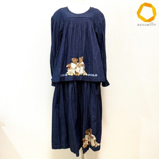 #akc ワンダフルワールド カネコイサオ WONDERFUL WORLD セットアップ 青系 ツーピース デニム リボン 刺繍 くま レディース [997178]