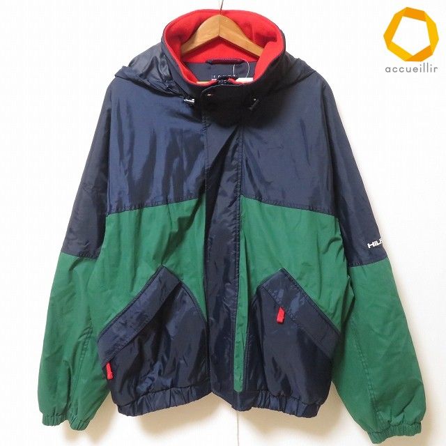 #wnc トミーヒルフィガー TommyHilfiger ジャケット ブルゾン L 紺 緑 赤 中綿 裏起毛 刺繍 ロゴ フード付き メンズ [998392]