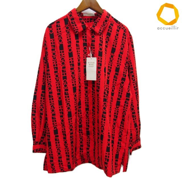 #a ハナエモリ ゴルフ HANAEMORI GOLF シャツ・ブラウス M 赤 黒 ロゴ柄 日本製 タグ付き 美品 レディース [1006224] k01