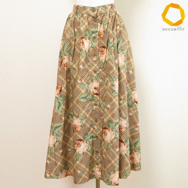 #akc カネコイサオ KANEKO ISAO スカート 茶 オレンジ チェック バラ柄 花柄 ロング フレア レディース [971013]