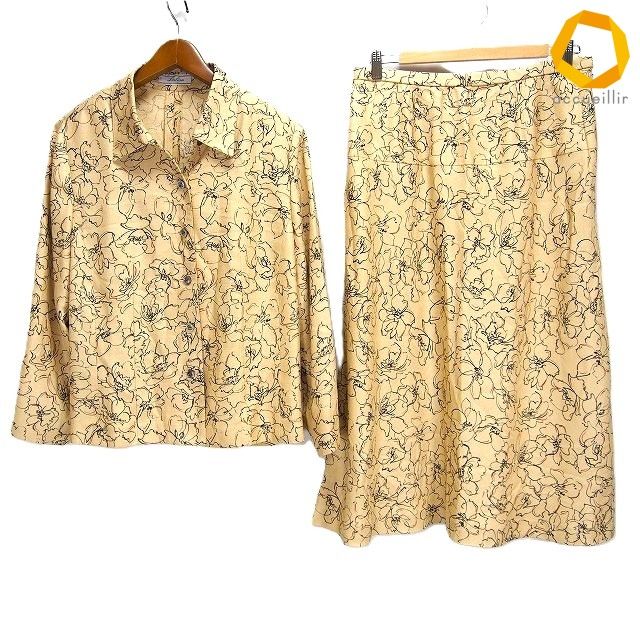 #a レリアン Leilian セットアップ 15+ ベージュ系 黒 茶 ジャケット スカート 花柄 総柄 日本製 大きいサイズ レディース [974121] k01