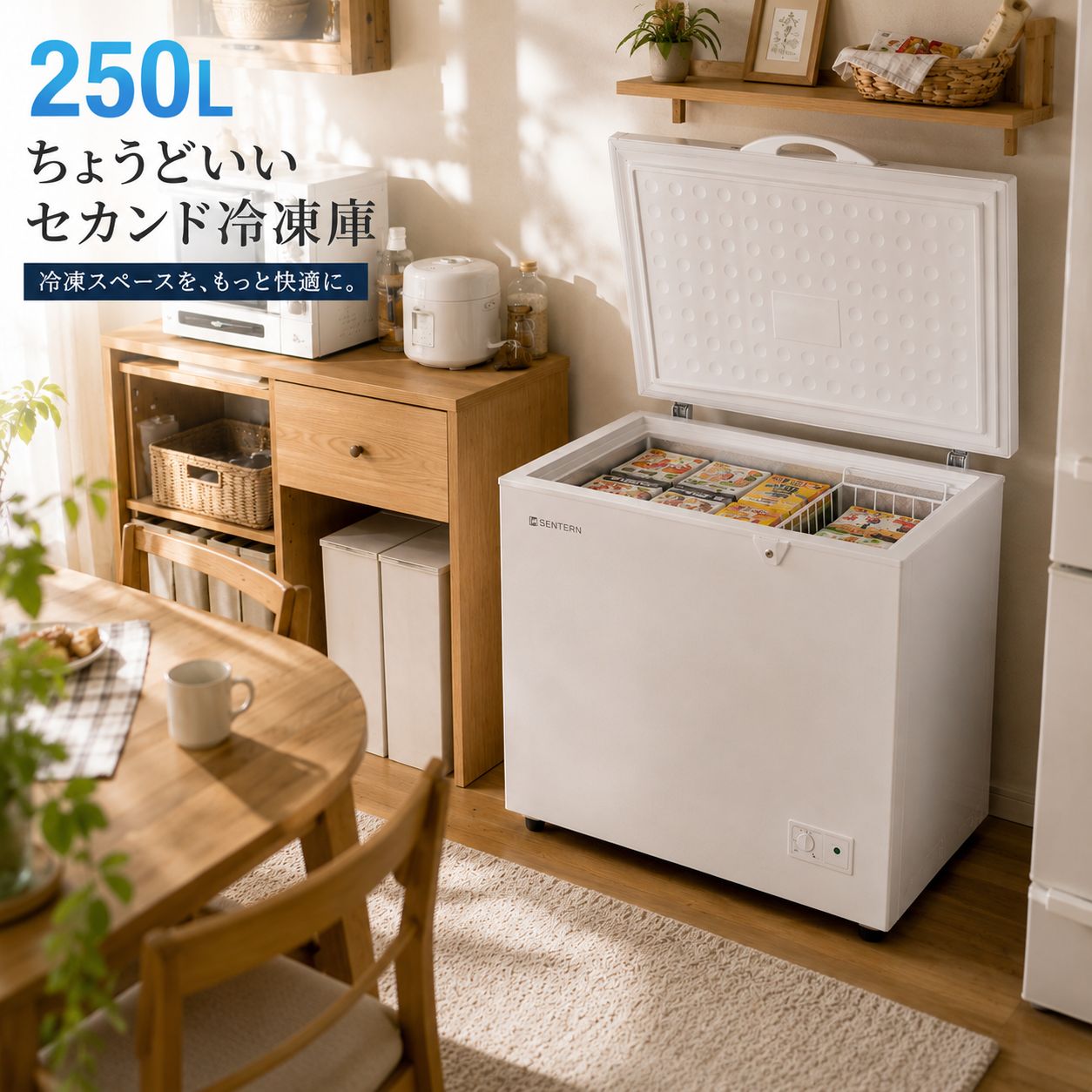 【250L】冷凍庫 家庭用 上開き チェストフリーザー 鍵付き ノンフロン 省スペース 静音 7段階温度調整 バスケット付き 冷凍ストッカー フリーザー 食品保存 作り置き まとめ買い 買いだめ セカンド冷凍庫 冷凍食品 ストック ホワイト