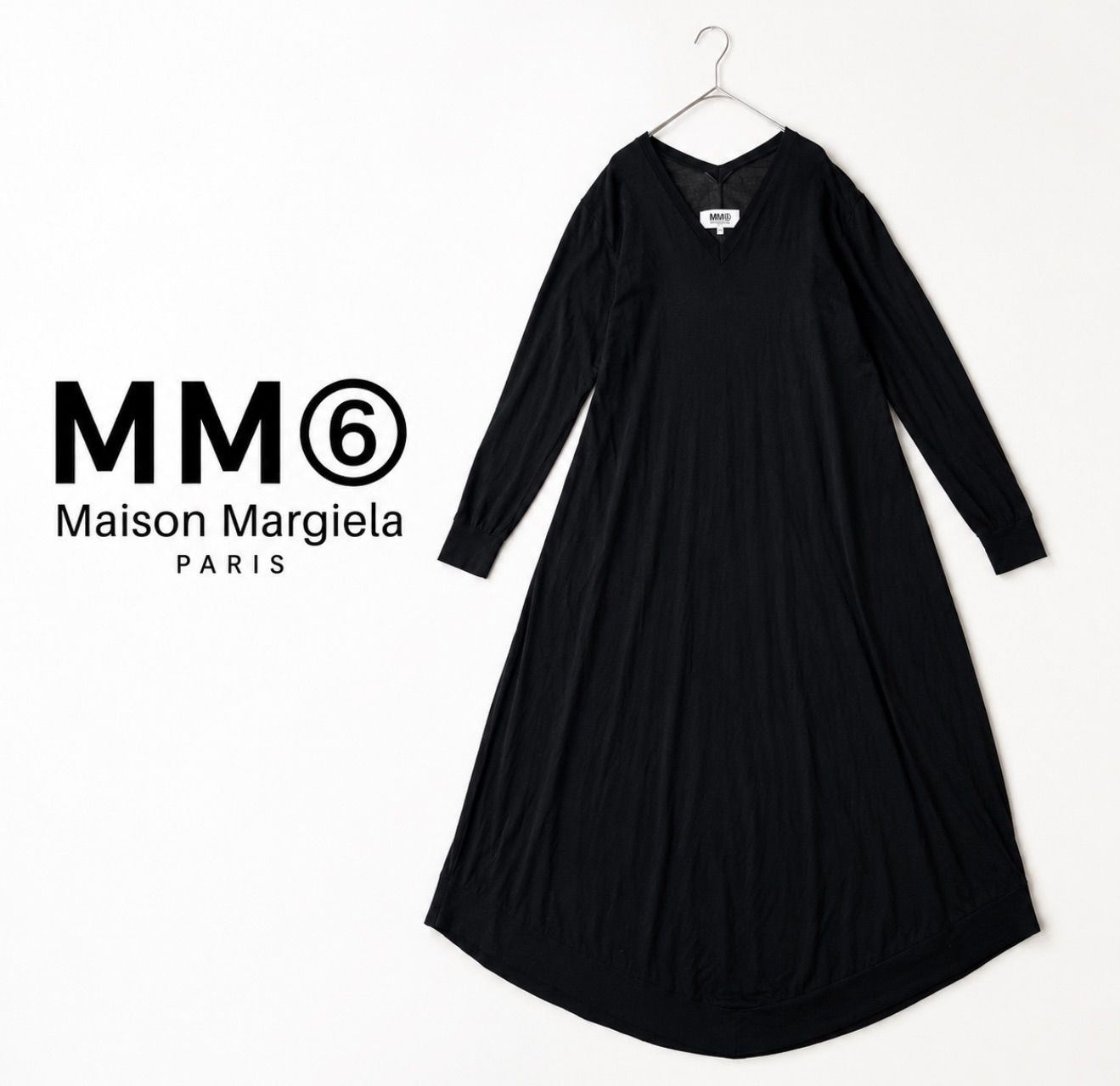 MM6 Maison Margiela ロングワンピース 黒 Vネック ニットワンピース 