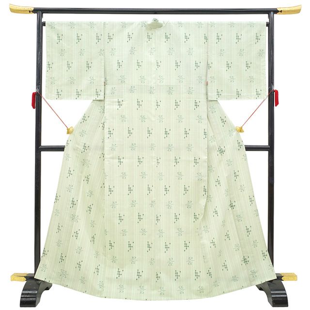 新古品】 本場琉球かすり 単衣 着物 紬 沖縄県 手織り 白緑 琉球絣 