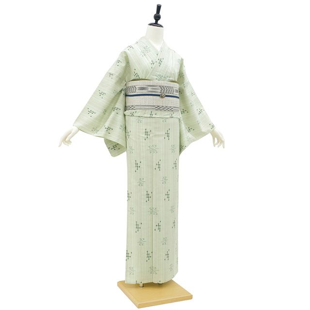 新古品】 本場琉球かすり 単衣 着物 紬 沖縄県 手織り 白緑 琉球絣