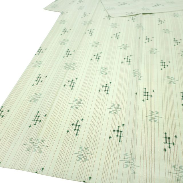 新古品】 本場琉球かすり 単衣 着物 紬 沖縄県 手織り 白緑 琉球絣