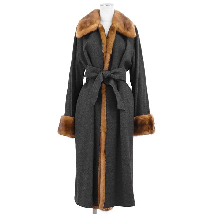 【新品同様】FOXEY BOUTIQUE フォクシー ブティック ガウンコート サイズ フリー レディース カシミヤ × ウール ミンクファー ベルテッド アウター ベルト付属 ダークグレー ブラウン 灰色 茶色 日本製 14370-AC0102