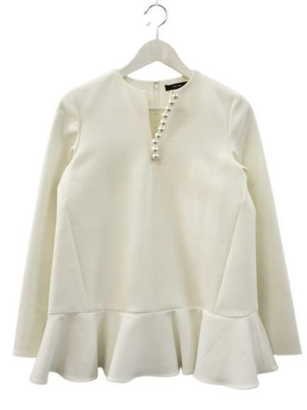 【美品】ヨーコチャン ロングスリーブラッフルヘムパールブラウス 36 ホワイト ヨーコチャン YOKO CHAN ロングスリーブラッフルヘムパールブラウス 36