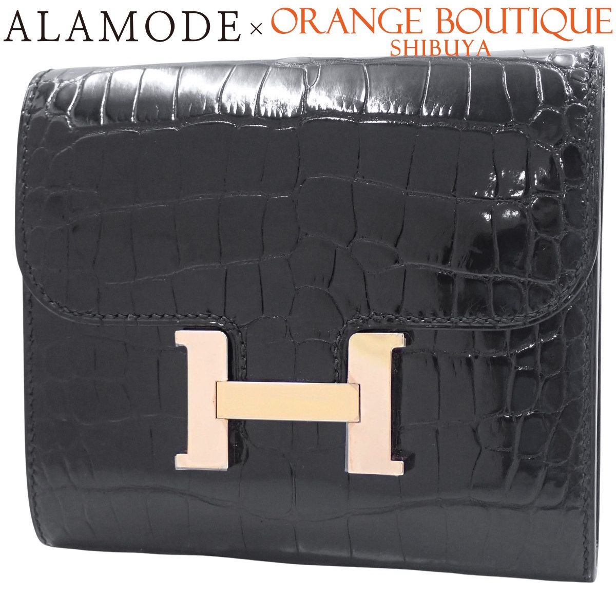 HERMES(エルメス) コンスタンス コンパクト ブラック黒 アリゲーター クロコダイル ピンクゴールド金具 C刻印 コンパクトウォレット 2つ折り 二つ折り 小物 財布 レディース 40802194713【中古】【アラモード】