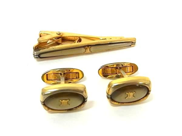 CELINE セリーヌ マカダム SV925 カフスボタン ネクタイピン アクセサリー 2点セット ビジネス 紳士 メンズ ゴールド系 DL0903
