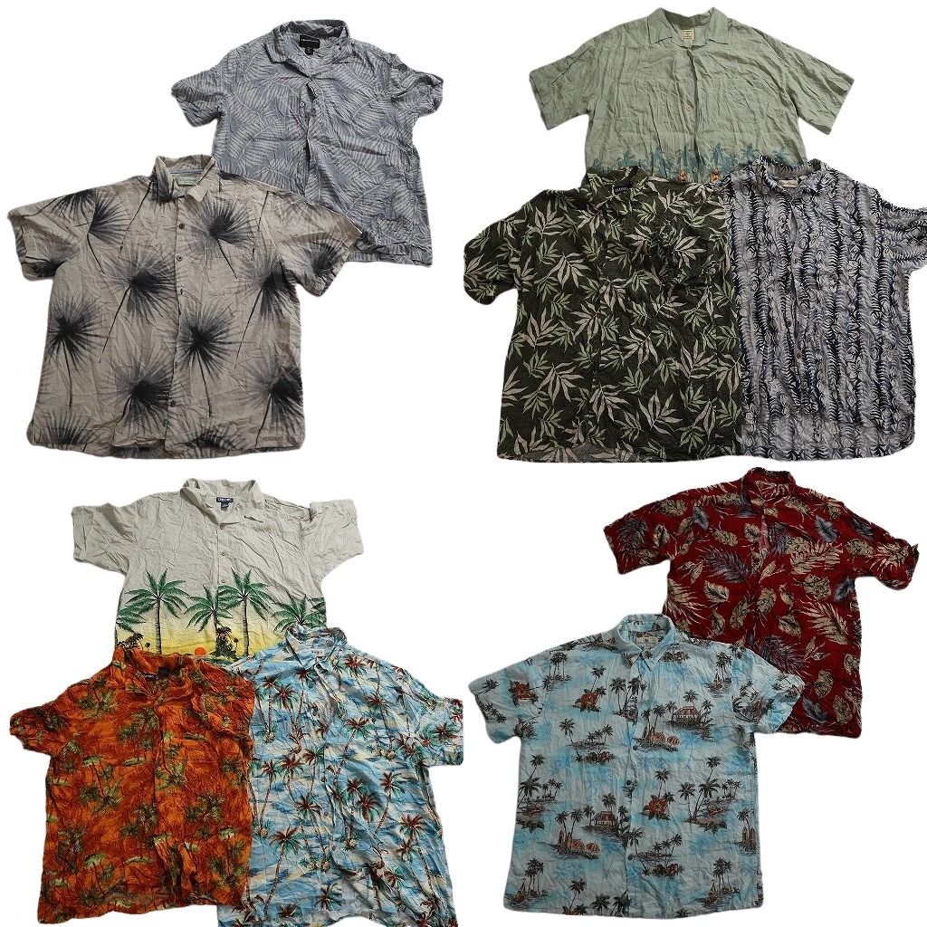古着卸 まとめ売り 素材MIX アロハシャツ 10枚セット ( メンズ XL ) リーフモチーフ ヤシの木 ホリゾンタル 開襟 中古 古着 NE7122