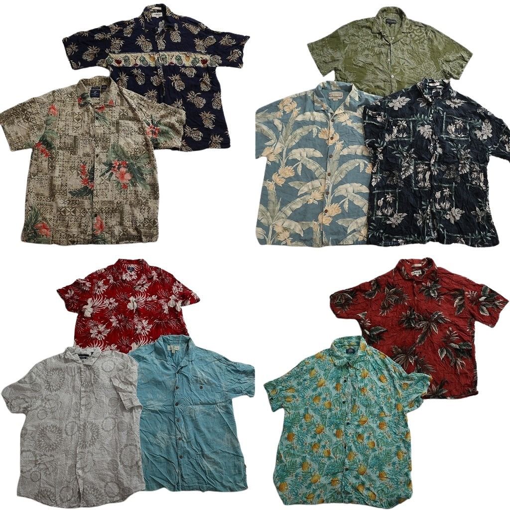 古着卸 まとめ売り 素材MIX アロハシャツ 10枚セット ( メンズ XL ) ハイビスカス 果物モチーフ リーフモチーフ 開襟 中古 古着 NE7126