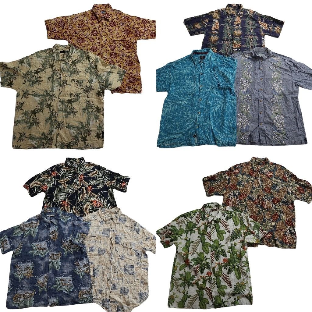 古着卸 まとめ売り 素材MIX アロハシャツ 10枚セット ( メンズ XL ) リーフモチーフ ヤシの木 ボックスカット 中古 古着 NE7127